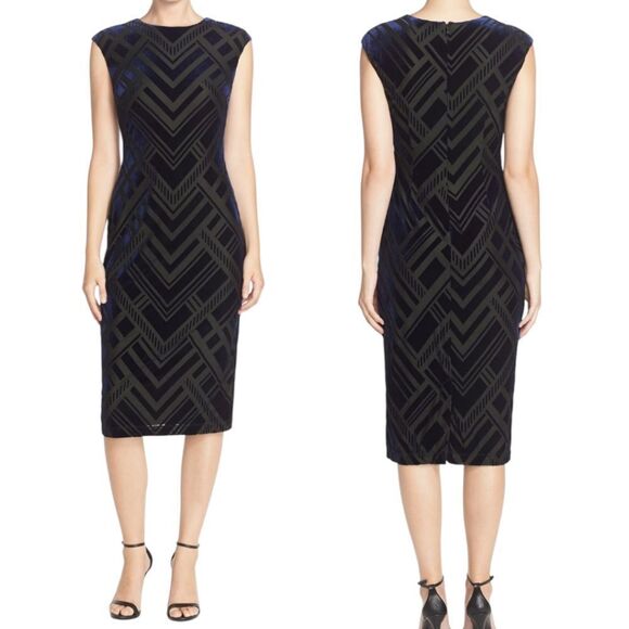 Vince Camuto Burnout Velvet Art Deco Deep Purple Sheath Midi Dress Size 10 - Picture 2 of 11